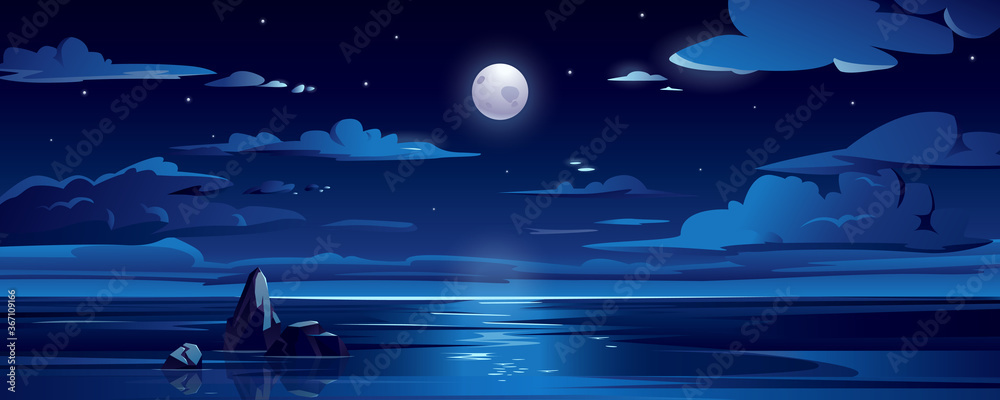 Full moon Wallpaper 4K, Starry sky, Sea, Rocks, Night
