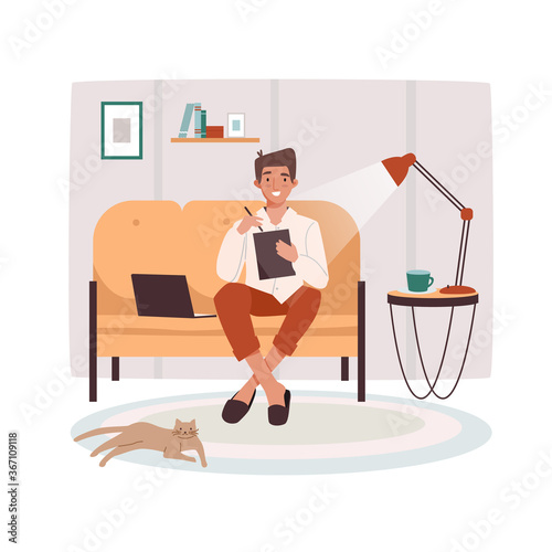 Remote worker at sofa with tablet and notebook. Man doing remote job near lamp and cat. Male remotely working in the evening. Freelance vector illustration design. Cartoon freelancer, designer, editor