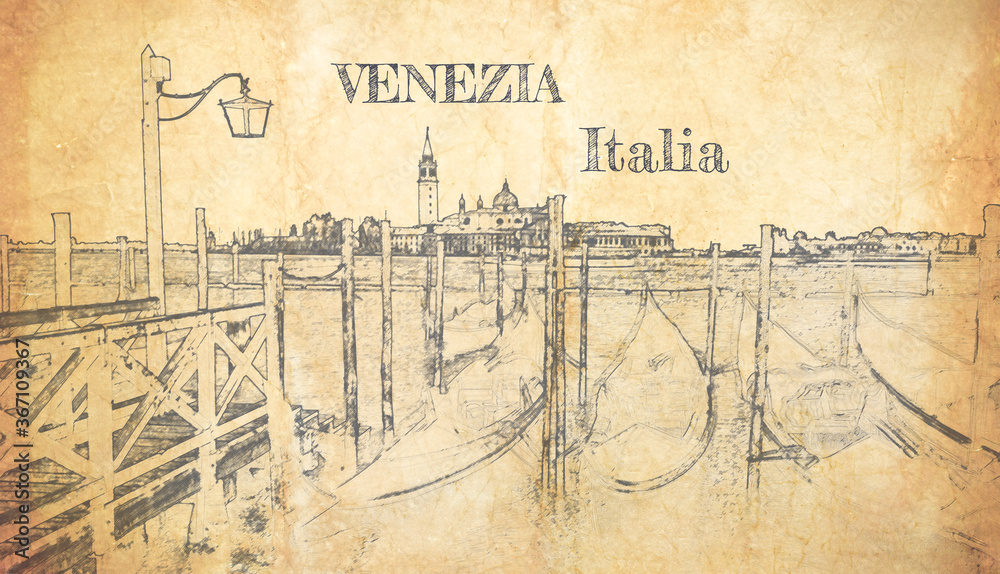 Sketch of Grand Canal and gondolas in Venice Sketch of Grand Canal and gondolas in Venice
