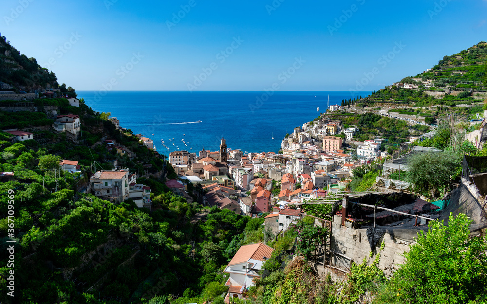 Italy, Campania, Minori - 16 August 2019 - Minori on the Amalfi coast is surrounded by greenery