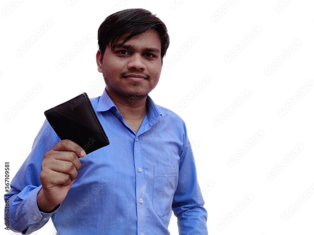 young man in blue shirt holding wallet full of maney is happy , showing purse, indian man, isolated on white background young man in blue shirt holding wallet full of maney is happy , showing purse, indian man, isolated on white background