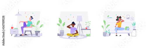 Flat people characters at home listening to music. Set of isolated adult man and teenager woman with headphones and earphones, notes in living room. Relax and leisure. Audio and sound, listener theme