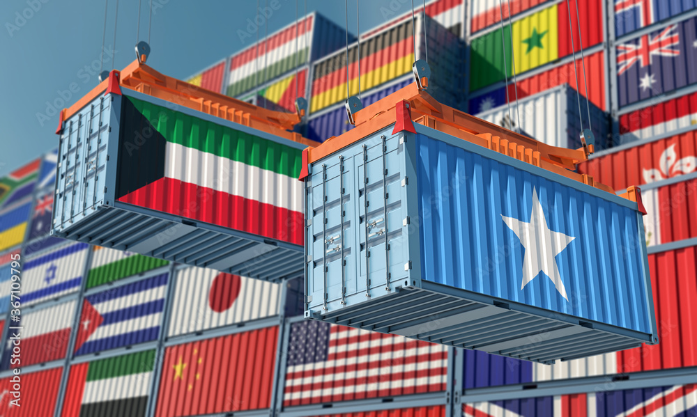 Freight containers with Kuwait and Somalia flag. 3D Rendering 