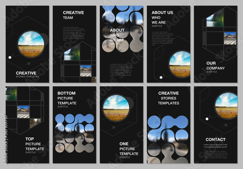 Social networks stories design, vertical banner or flyer templates. Covers design templates for flyer, leaflet, brochure cover. Abstract smart technology design with hexagons and place for photo.