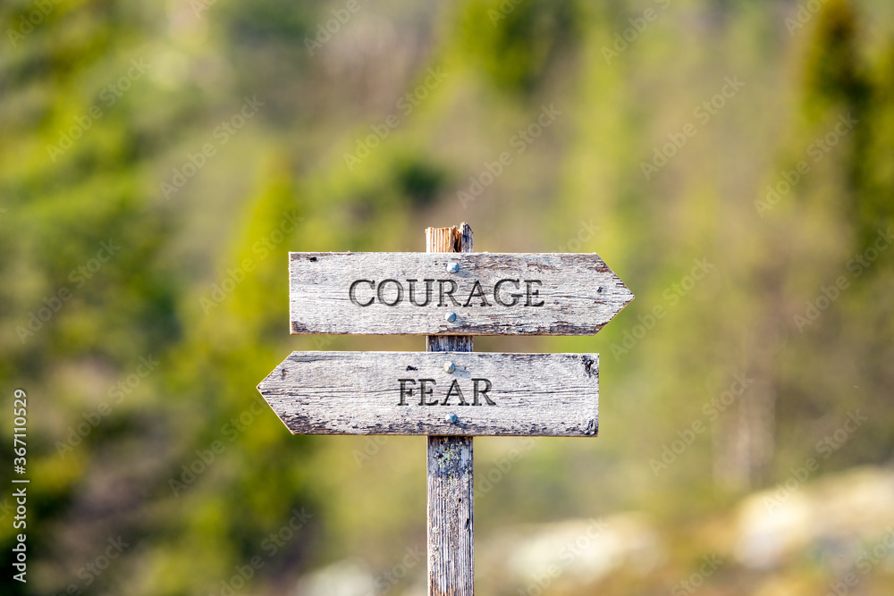 courage fear text carved on wooden signpost outdoors in nature. Green soft forest bokeh in the background.