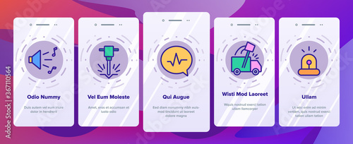 City Noise And Sounds Onboarding Mobile App Page Screen Vector. Rattle Of Train Wheels And Car Signal City Traffic, Drill And Jackhammer, Plane And Truck Illustrations
