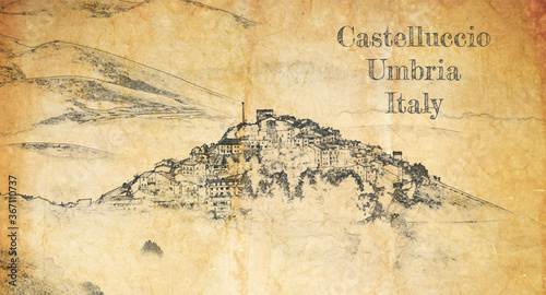 Castelluccio village in Umbria, Italy, sketch on old paper