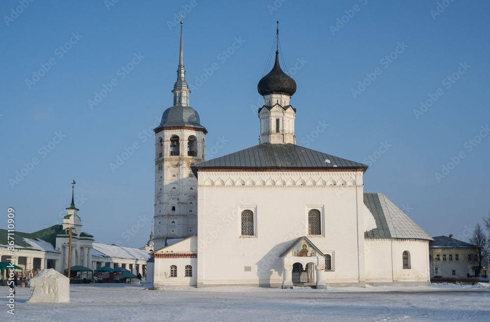 View of the Orthodox Kazan Church in Suzdal in winter.