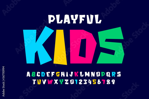 Kids style colorful font, playful alphabet letters and numbers