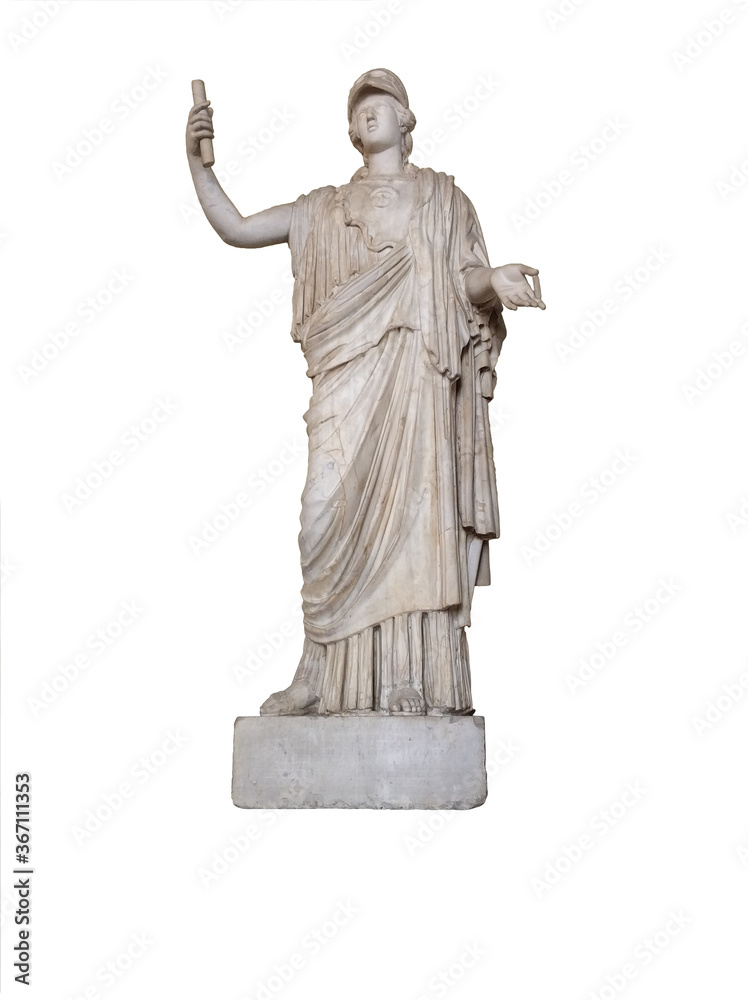 Ancient statue of the goddess Minerva isolated on white. Sculpture of ancient woman made of marble. Minerva white stone monument Ancient statue of the goddess Minerva isolated on white. Sculpture of ancient woman made of marble. Minerva white stone monument