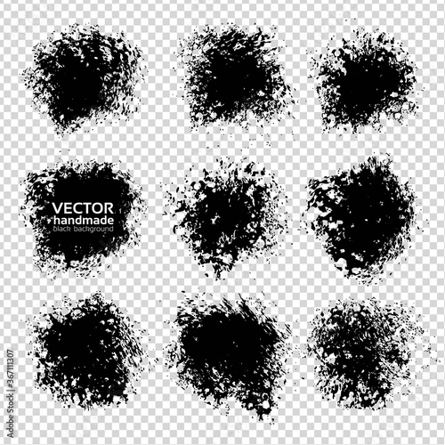 Abstract black ink textured stains set on imitation transparent background