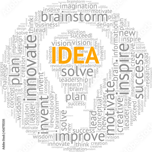 Idea word cloud shaped like a lightbulb isolated on a white background