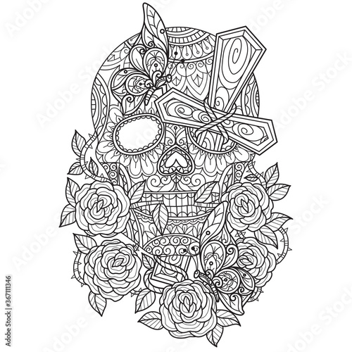 Skull and cross. Hand drawn sketch illustration for adult coloring book