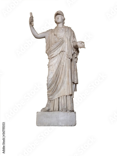 Ancient statue of the goddess Minerva isolated on white. Sculpture of ancient woman made of marble. Minerva white stone monument