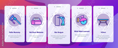 Carpenter Equipment Onboarding Mobile App Page Screen Vector. Protect Glasses And Saw, Drill And Hammer, Working Table, Vise And Box With Carpenter Tool Illustrations