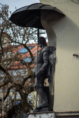 April 26, 2018 Vilnius, Lithuania. Statue City guard on the wall of the Umyastovsky Palace in Vilnius.