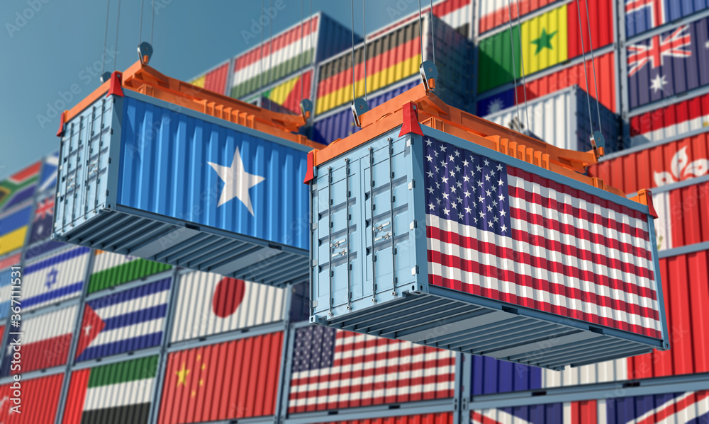 Freight containers with USA and Somalia flag. 3D Rendering 