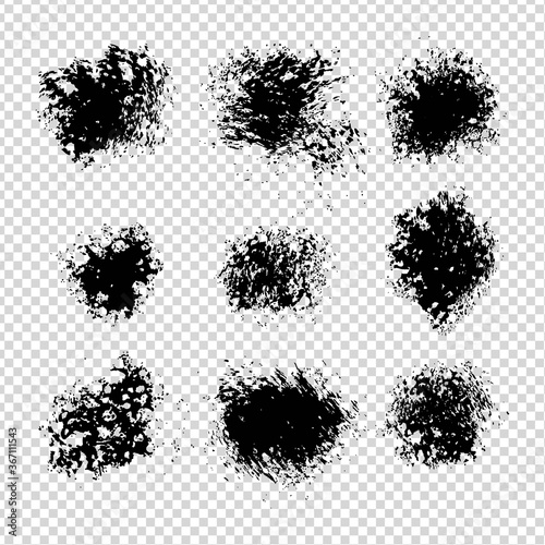 Abstract black textured stains set on imitation transparent background