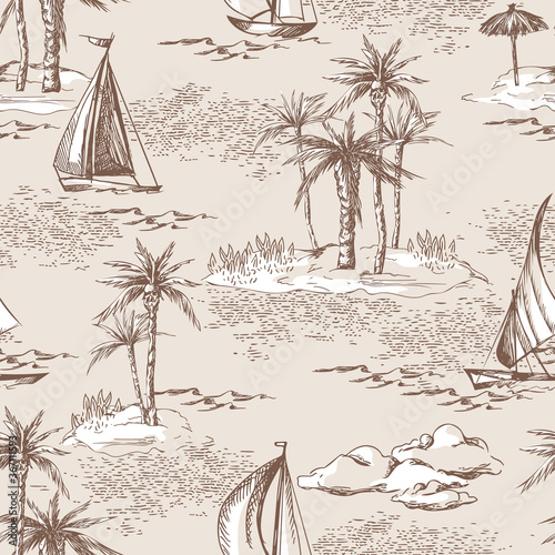 Tropical Seascape. Hand Drawn Seamless Pattern.