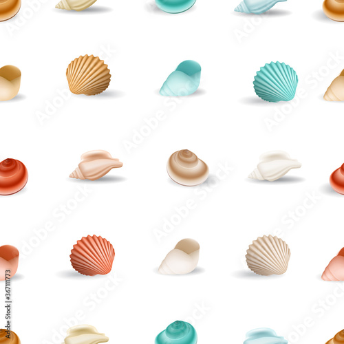 Realistic Seashell Seamless Pattern on White Background