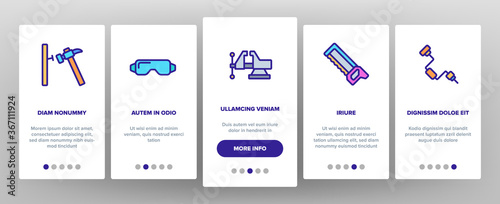 Carpenter Equipment Onboarding Mobile App Page Screen Vector. Protect Glasses And Saw, Drill And Hammer, Working Table, Vise And Box With Carpenter Tool Illustrations