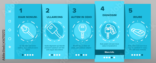 Car Key Equipment Onboarding Mobile App Page Screen Vector. Car Key Device Different Style, With Buttons And Trinket, Lock And Open Padlock Illustrations