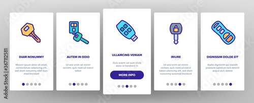 Car Key Equipment Onboarding Mobile App Page Screen Vector. Car Key Device Different Style, With Buttons And Trinket, Lock And Open Padlock Illustrations
