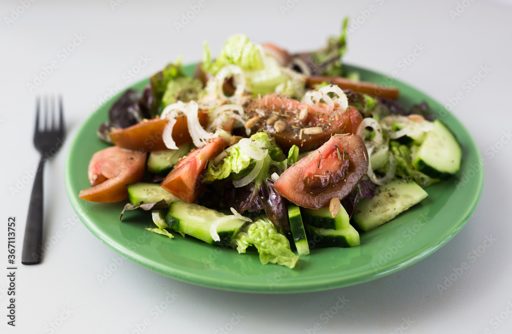 vegetable salad of greens, tomatoes and cucumbers on a green plate vegetable salad of greens, tomatoes and cucumbers on a green plate