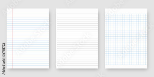 Notebook paper set. Sheet of lined paper template. Mockup isolated. Template design. Realistic vector illustration.