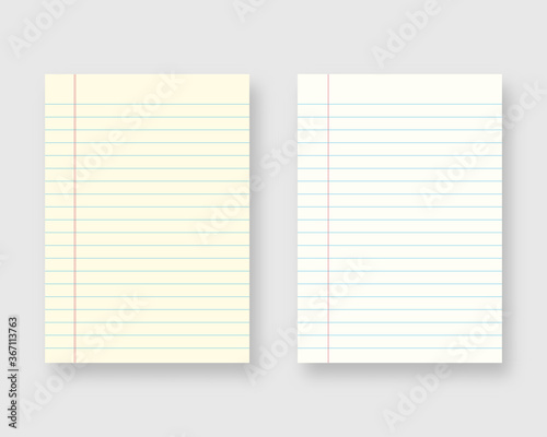 Notebook paper set. Sheet of lined paper template. Mockup isolated. Template design. Realistic vector illustration.