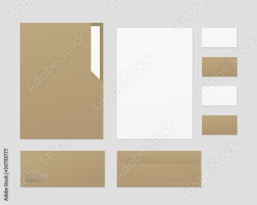 Business stationery mockup. Paper folder, Paper, Envelopes, Business cards. Corporate identity template set. Realistic vector illustration.