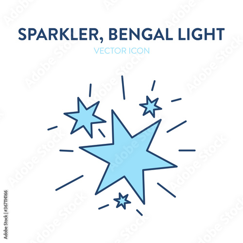 Sparkler fire icon. Big flashes from a lit sparkler. Vector outline illustration of an ignited bengal light creating bright and beautiful flashes in a shape of a star