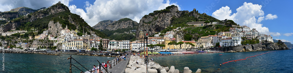 Italy, Campania, Amalfi - 16 August 2019 - Majestic panoramic view of Amalfi