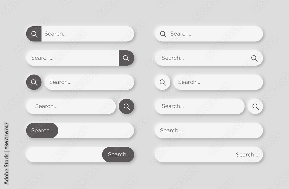 Search bar design web UI elements. Vector template for browsers with a search button and a text field. Set of mobile application graphic elements, computer searched navigator Search bar design web UI elements. Vector template for browsers with a search button and a text field. Set of mobile application graphic elements, computer searched navigator