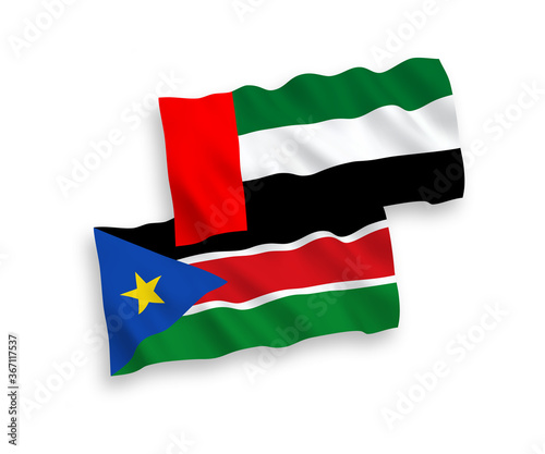 Flags of Republic of South Sudan and United Arab Emirates on a white background