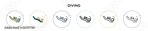 Diving icon in filled, thin line, outline and stroke style. Vector illustration of two colored and black diving vector icons designs can be used for mobile, ui, web