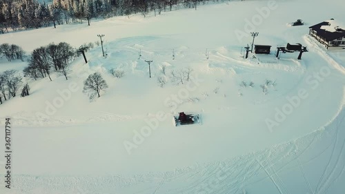 Aerial view of snowy mountain ski resort in Myoko, Niigata, Japan photo