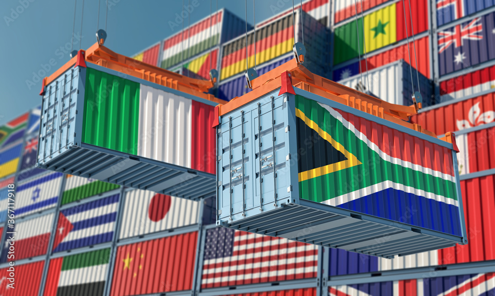 Freight containers with Italy and South Africa flag. 3D Rendering 