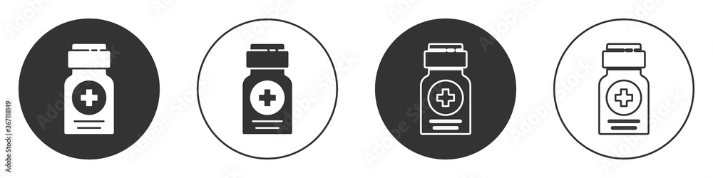 Black Medicine bottle icon isolated on white background. Bottle pill sign. Pharmacy design. Circle button. Vector Illustration. Black Medicine bottle icon isolated on white background. Bottle pill sign. Pharmacy design. Circle button. Vector Illustration.