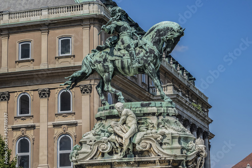 Bronze equestrian statue representing Prince Eugene of Savoy (1900), a hero who was responsible for defeating the Ottoman Army and liberating Budapest from the Turks. Buda castle, Budapest, Hungary.