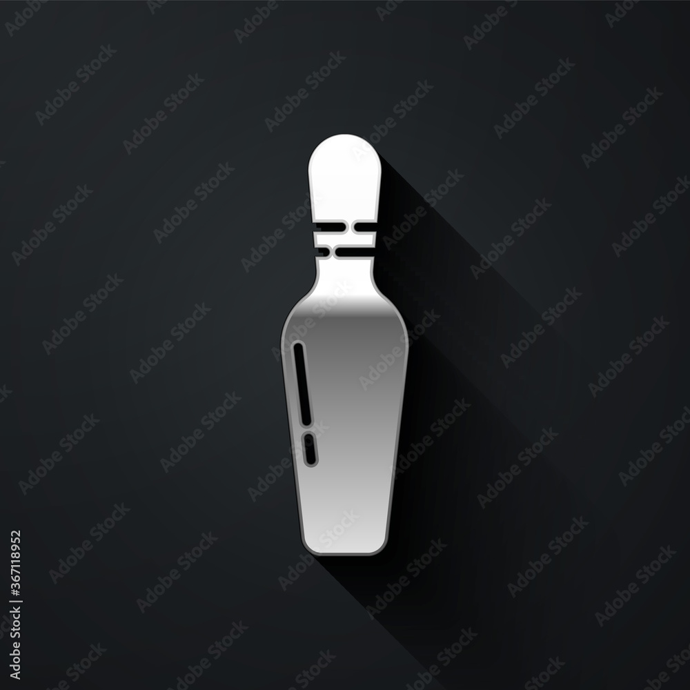 Silver Bowling pin icon isolated on black background. Long shadow style. Vector Illustration. Silver Bowling pin icon isolated on black background. Long shadow style. Vector Illustration.
