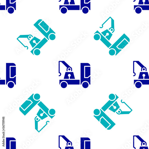 Blue Tow truck icon isolated seamless pattern on white background. Vector Illustration.
