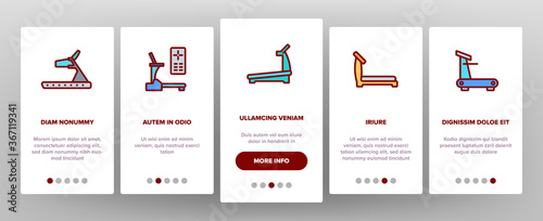 Treadmill Sportive Onboarding Mobile App Page Screen Vector. Treadmill Sport Device For Running, Activity And Training, Cardio Exercise Illustrations
