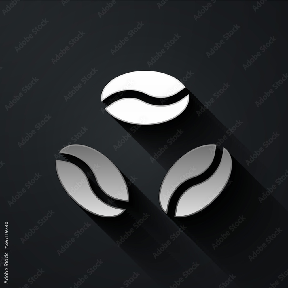 Silver Coffee beans icon isolated on black background. Long shadow style. Vector Illustration. Silver Coffee beans icon isolated on black background. Long shadow style. Vector Illustration.