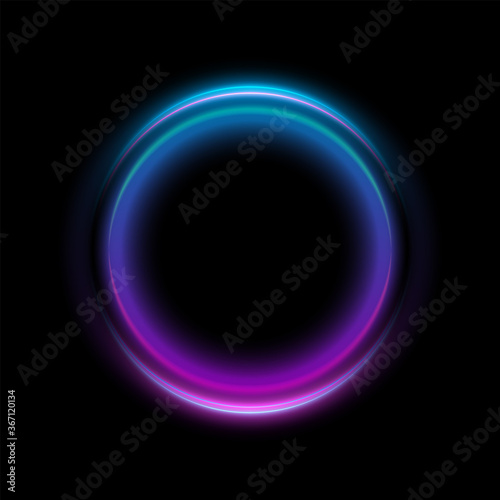 Abstract Neon Circles Banner. Blank 3d Light With Shining Neon Effect. Techno Frame With Glowing On Black Backdrop. Vector illustration.