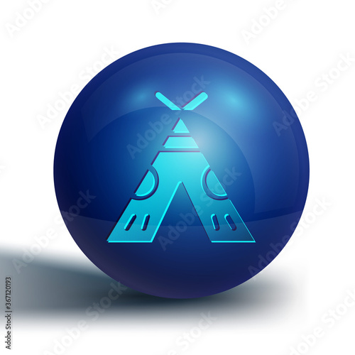 Blue Traditional indian teepee or wigwam icon isolated on white background. Indian tent. Blue circle button. Vector Illustration.
