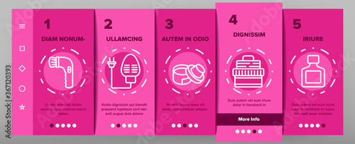 Shoe Shine Service Onboarding Mobile App Page Screen Vector. Brush And Cream, Electronic Heater And Polish Spray Package Equipment For Shoe Shine Illustrations