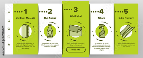 Shoe Shine Service Onboarding Mobile App Page Screen Vector. Brush And Cream, Electronic Heater And Polish Spray Package Equipment For Shoe Shine Illustrations
