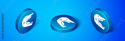Isometric Motocross motorcycle helmet icon isolated on blue background. Blue circle button. Vector Illustration.