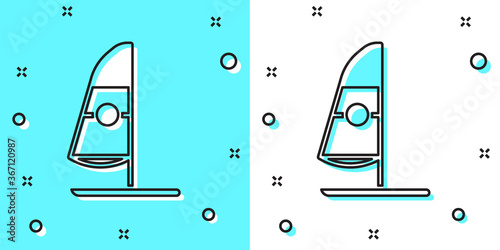 Black line Windsurfing icon isolated on green and white background. Random dynamic shapes. Vector Illustration.